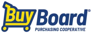 Logo for BuyBoard Purchasing Cooperative, featuring the word Buy in yellow inside a blue shopping cart graphic, followed by Board in bold blue letters and Purchasing Cooperative below in smaller text.